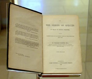 Photograph of original copy of Charles Darwin's "On the Origin of Species," published in 1860