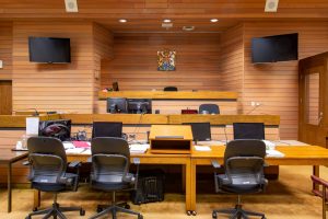 photograph of empty provincial courtroom in British Columbia