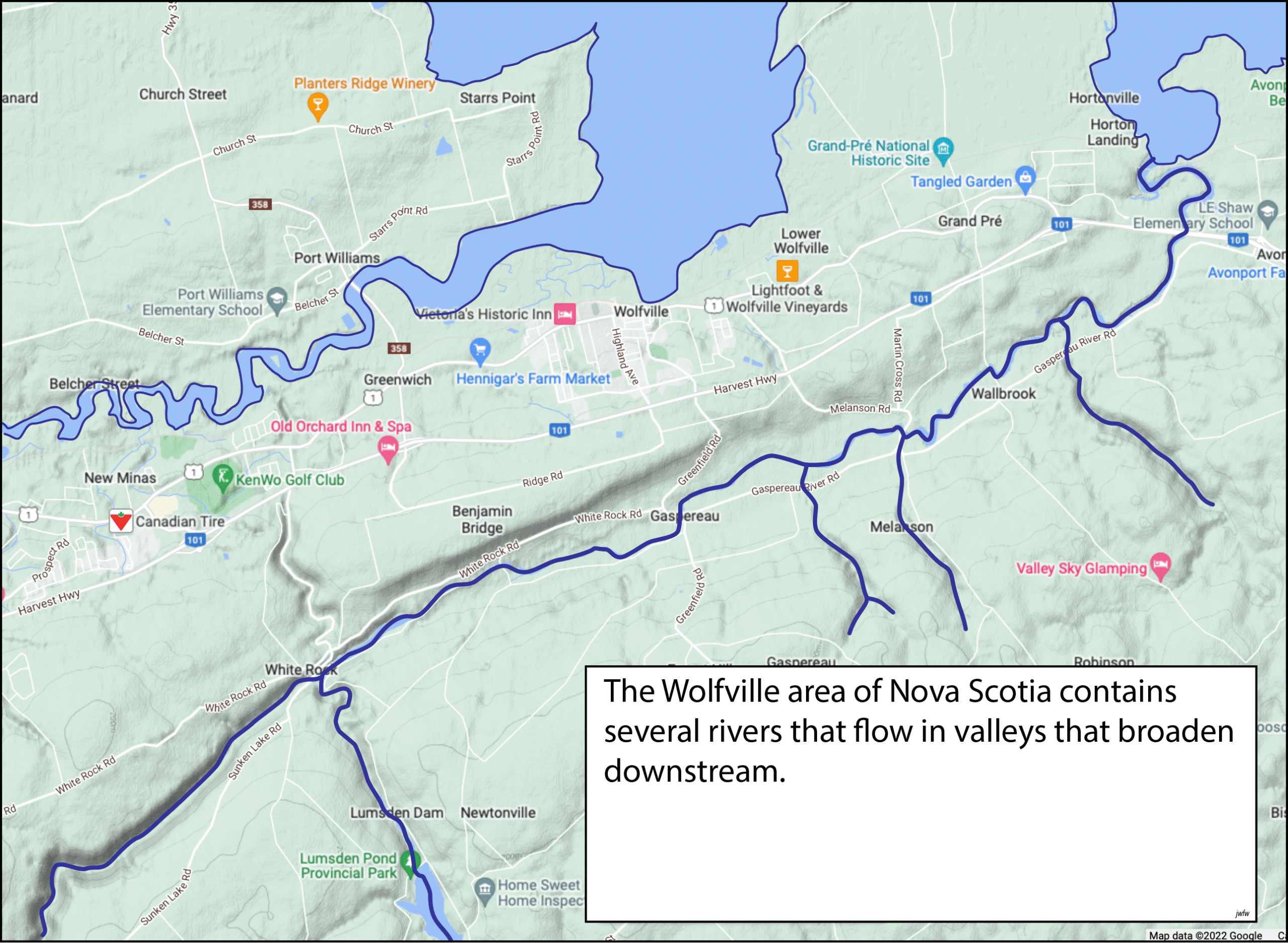 River capture at Deep Hollow, Nova Scotia; base map © Google.