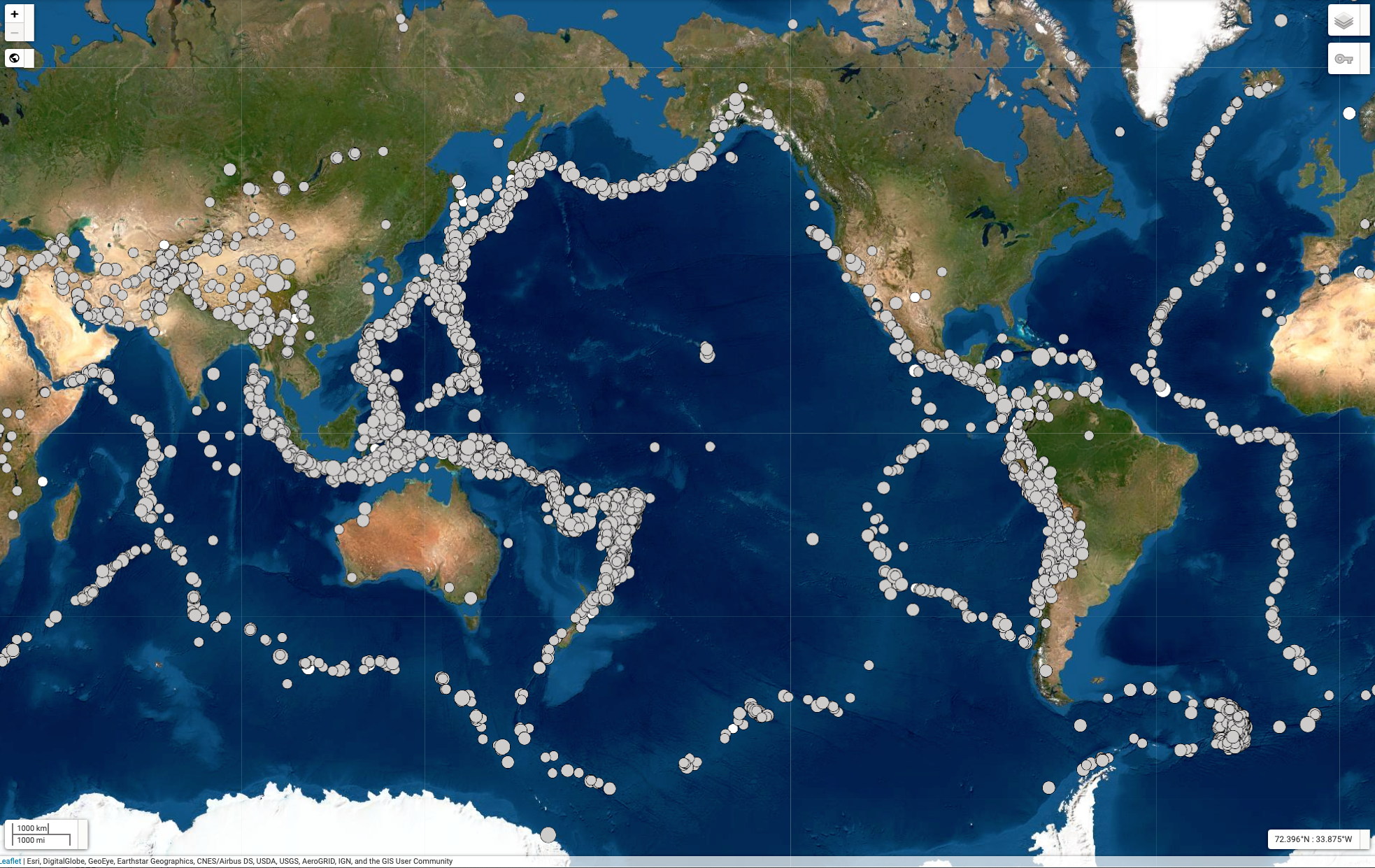 Map showing plate boundaries outlined by earthquake epicentres over one year