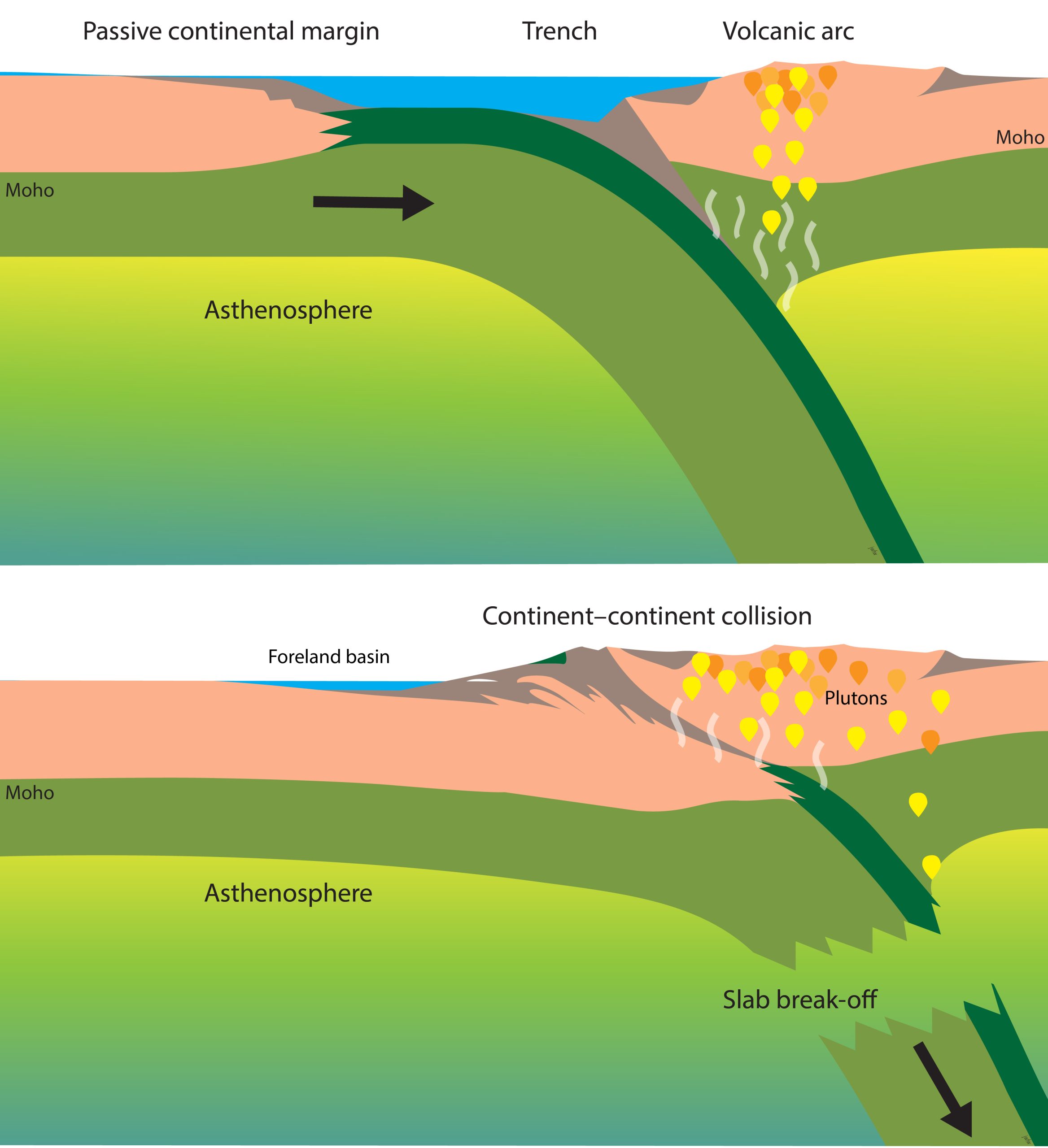 A passive continental margin approaches a subduction zone at an active continental margin (top), leading to continent–continent collision (bottom). Schematic: vertical scale exaggerated for clarity.