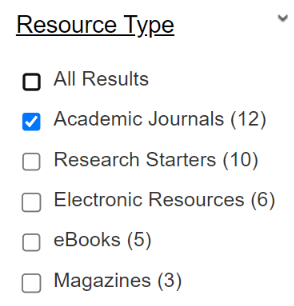 The Resource Type menu, with Academic Journals selected