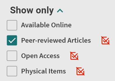 The "Show only" section of the Refine your results menu within the library search. Peer-reviewed Articles is checked off.