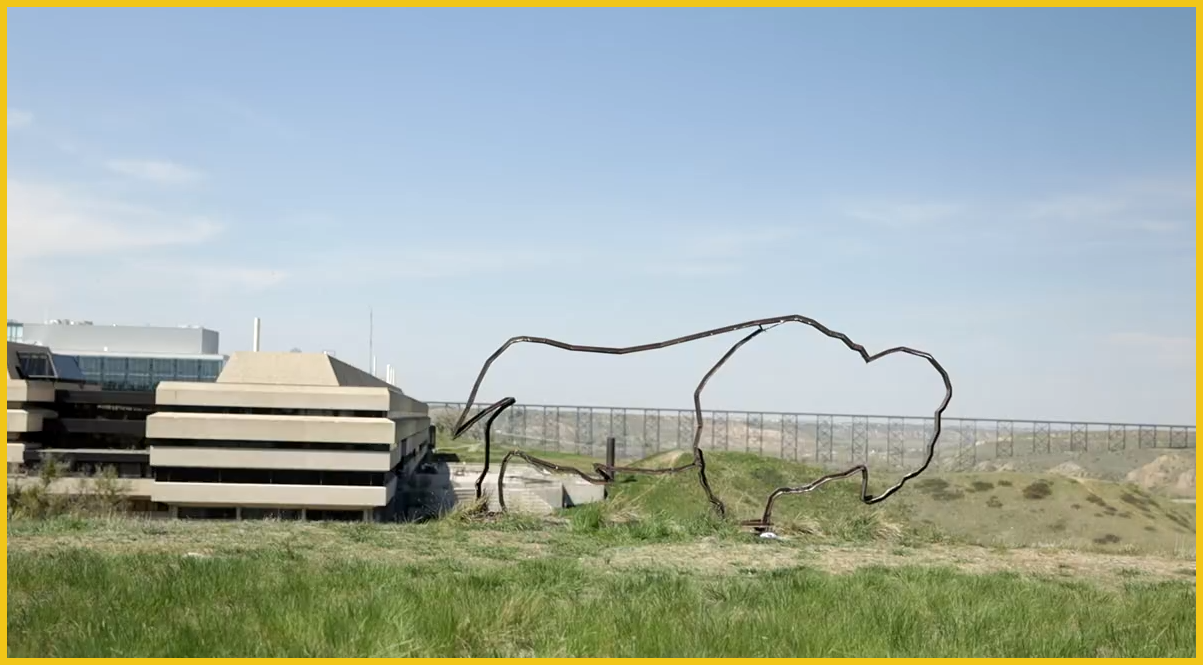 the picture shows a buffalo statue in front of the U of L U Hall bruilding and the Lethbridge iron bridge