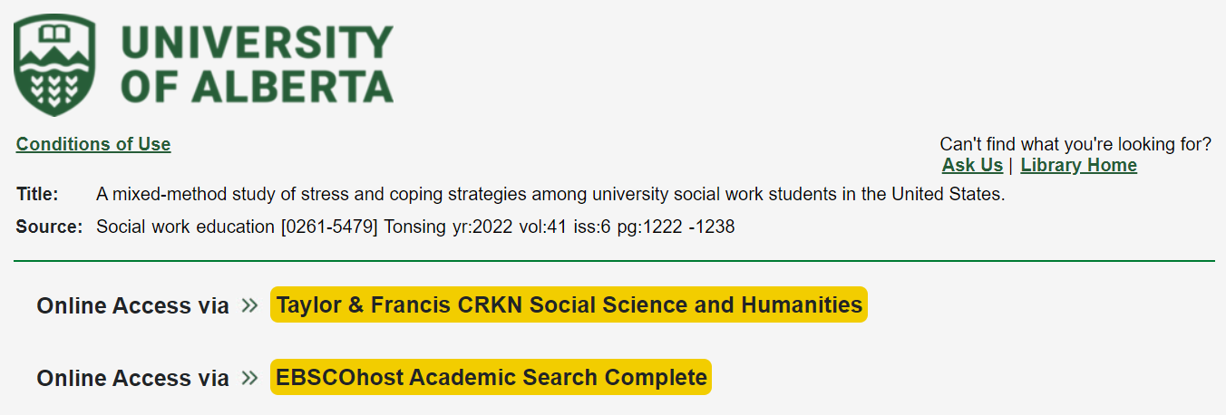 A page that shows two different databases for accessing an aritcle, with links to them highlighted in yellow.