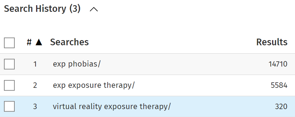 A PsycINFO search history with three searches: one for phobias, one for the concept of exposure therapy, and a third for virtual reality exposure therapy