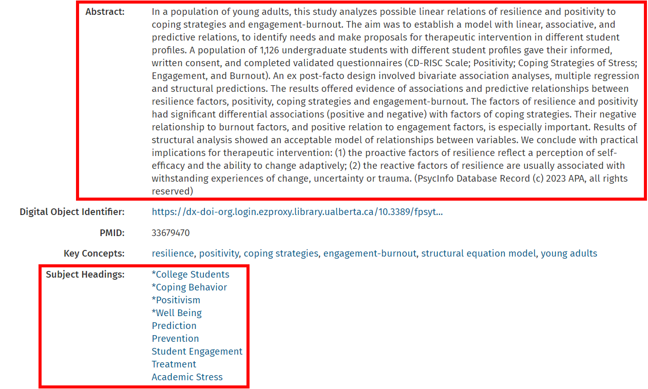 An article record in PsycINFO, with the abstract and subject headings circled