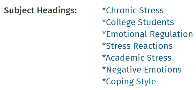 Subject Headings section of an article showing subjects including Chronic Stress, College Students, Emotional Regulation, Stress Reactions, Academic Stress, Negative Emotions, and Coping Style