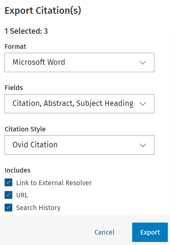 Export Citation(s) menu in PsycINFO, which includes options for Format, Fields, Citation Style, and items to include