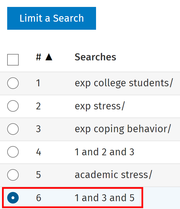 The list of searches at the top of the Limits page that shows the most recent search being selected