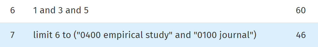 A new line in the search history showing that limits have been added to Empirical Study and Journal