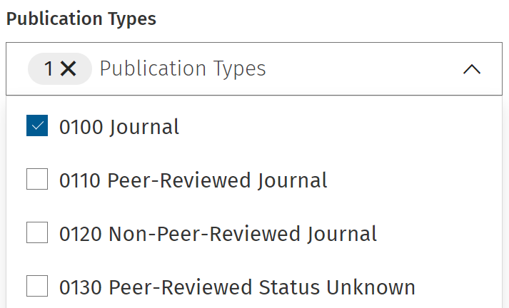 The Publication Types limit box with Journal selected as an example