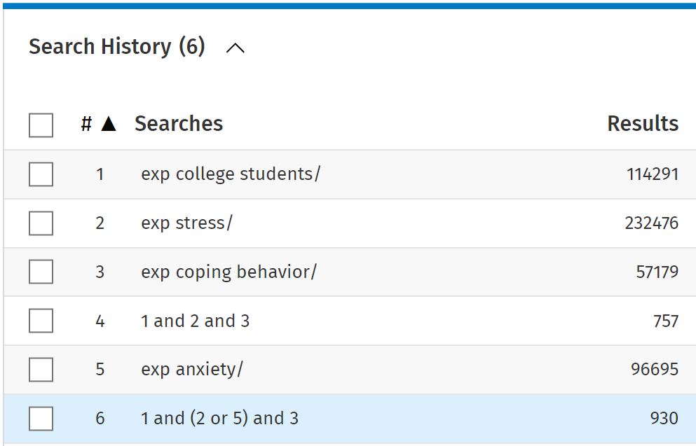 A search history where the final search combines the concepts of college students, stress or anxiety, and coping behaviour