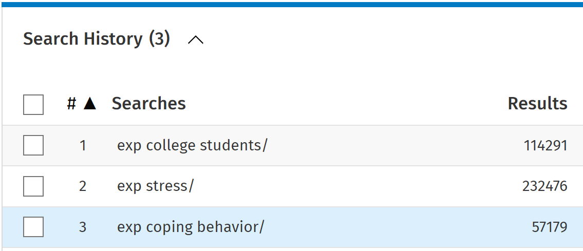 Search history showing three searches: exp college students, exp stress, and exp coping behavior