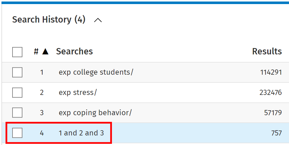 Search history for college students, stress, and coping behavior, showing that the combined search has 757 results.