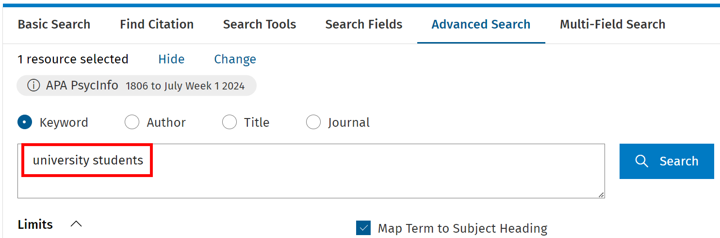 Advanced search for the term university students