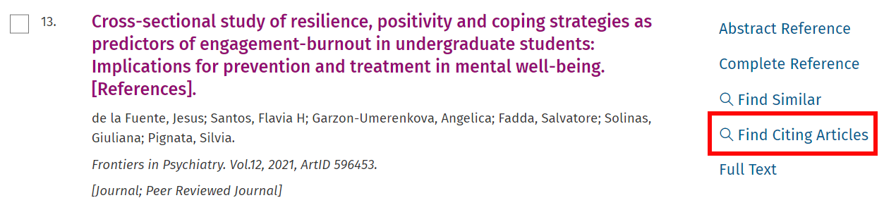 An article in a PsycINFO search result list, with the "Find Citing Articles" link on the right circled.