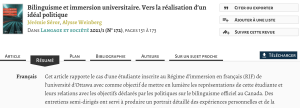 La page de détails de la base de données pour le titre Bilinguisme et immersion universitaire. Vers la réalisation d'un idéal politique par Jérémie Séror et Alysse Weinberg