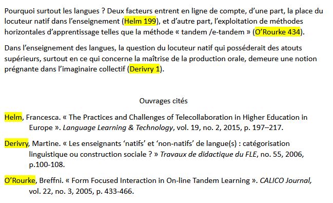 Extrait d'un article avec les citations dans le texte et la liste des ouvrages cités