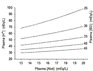 This graph illustrates the dependence of plasma [H+] on total acid and strong ion difference. There are 5 lines on the graph, each one rising in plasma [H+] when plasma Atot increases from 13 to 20 mEq/L. When plasma SID is 25, [H+] increases from 70 to 95. When plama SID is 30, plasma [H+] increases from 50 to 65. When plasma SID is 35, plasma H+ increases from 40 to 50. When plasma SID is 40, plasma [H+] increases from 34 to 39. When plasma SID is 45, plasma [H+] increases from 30 to 34.