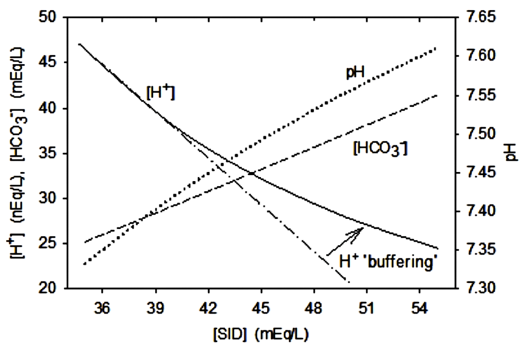 This figure shows the changes in [H+], bicarbonate and pH as SID changes from 36 to 54 mEq/L. [H+] decreases from 47 to 24 mEq/L, with evidence of buffering causing a bend in the curve (less decrease in [H+]. Bicarbonate increases in concentration from 25 to 40 mEq/L and pH increases from 7.34 to 7.6.