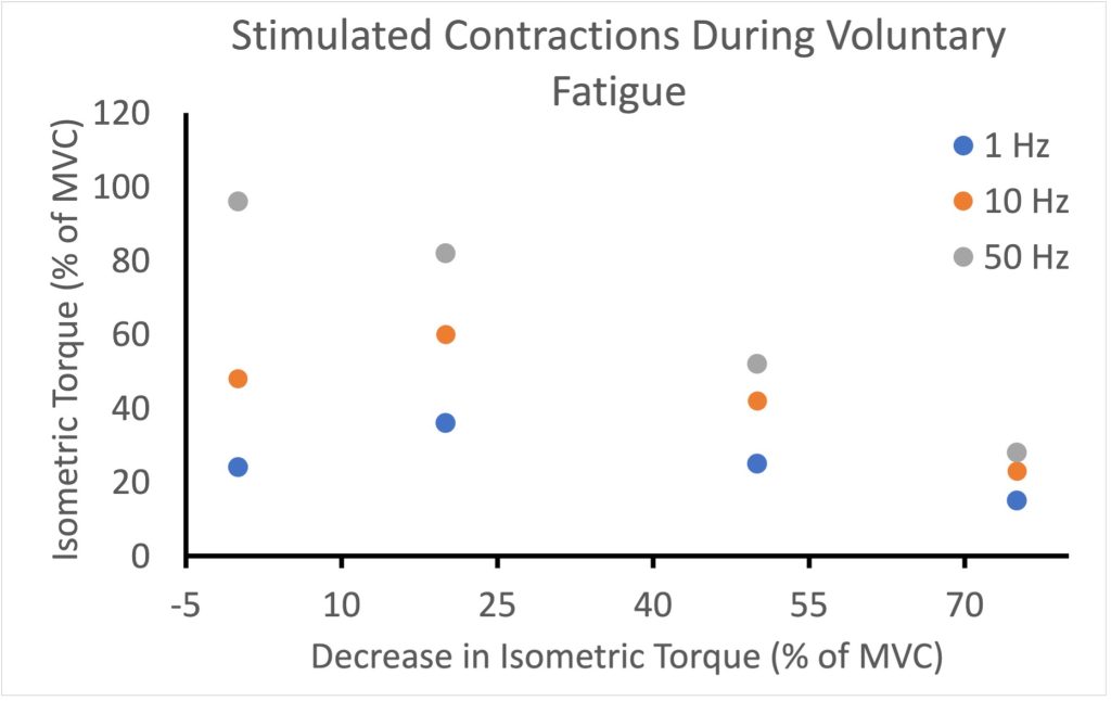 This graph shows how force at different frequencies changes over the course of a fatiguing bout of exercise. Stimulation was changed periodically to 10 Hz or 1 Hz to see what was happening at these frequencies, in contrast with the continuing intermittent 50 Hz stimulation. Torque as % of MVC is shown for 1, 10 and 50 Hz for as maximal voluntary force decreased from 0 to 75%. Twitch contractions were about 23% of MVC prior to fatigue, but increased to 35% when MVC had decreased 20%. Twitch then decreased to about 24% and 15% when MVC was decreased 50% and 75%. 10 Hz contractions were 45% of MVC prior to fatigue and increased to 60% before decreasing to 40% and 20% during fatigue.