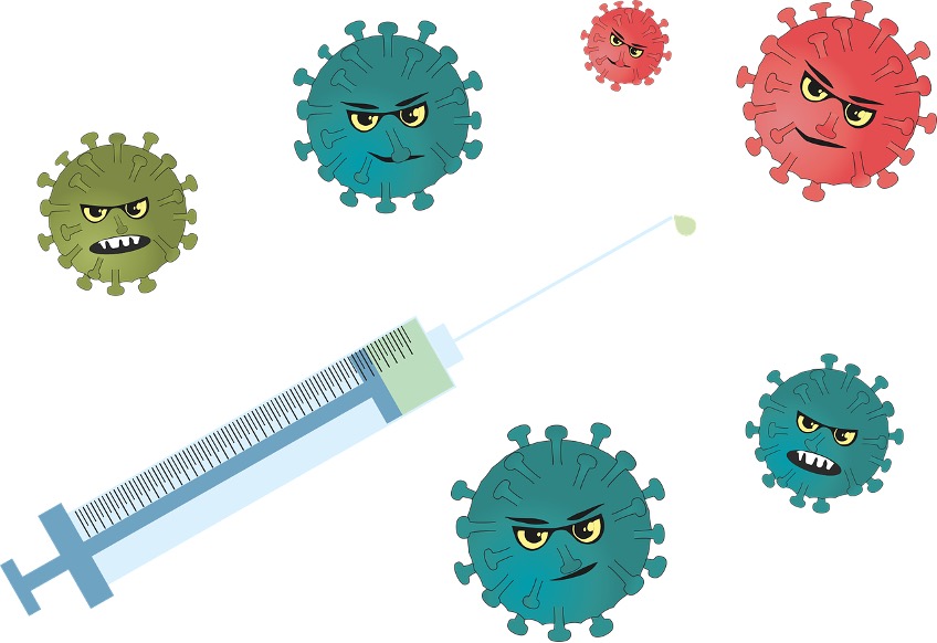 Caricature of syringe with personified invading microorganisms.