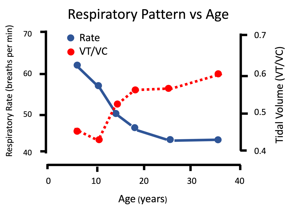 This graph has two vertical axes: respiratory rate per min on the left and tidal volume, relative to vital capacity on the right. Both of these are plotted against age for walking on a treadmill at 5.6 km·hr<sup>-1</sup>. Breathing rate is about 62/min at age 5 and decreases to about 46/min at age 18. From age 18 to 25, there is a further small decrease to about 42 breaths per min. Tidal volume is about 0.44 of vital capacity in the young boys and increases to 0.57 by age 18, with only a small further increase to 0.6 at age 35.