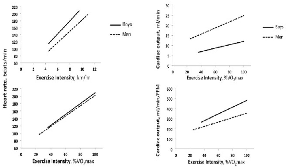 Heart rate is plotted against exercise intensity, first as km/hr, then as % of maximal oxygen uptake for men and boys. Men have a lower heart rate at any given speed of running, but when the intensity is expressed relative to maximal oxygen uptake, this difference almost disappears. The gap between the lines disappears.