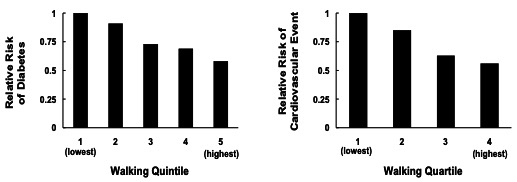 These two bar graphs show relative risk for diabetes in wormen and relative risk of cardiovascular events in women with diabetes relative to distance walked, divided into quintiles, distance walked from lowest (1) to highest (5). Risk is arbitrarily assigned 1 for the lowest level of walking and decreases as amount of walking increases until risk is about 0.6 for level 5. Similarly, risk of cardiovasculare event decreases from 1 to about .55 for level 4 (highest level considered).