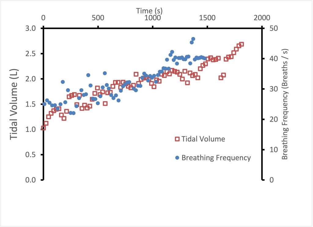 This graph shows the change in breathing frequency and tidal volume during the same incremental exercise illustrated in Figure 7-3. Similar to that figure, values are plotted as 10 breath averages. Power output begins at 50 W and increases 25 W every 3 min and 15 s including the 15 s break. Tidal volume is shown with small open squares and the scale is on the left. There is a clear increase in tidal volume from 1 L to 1.7 L early in the exercise test, then tidal volume tends to increase more slowly until near the end of the test. Breathing frequency is shown with blue dots. Although there is a lot of variability, breathing frequency increases from about 25 per min to 35 per min over much of the duration of the test. Near the end, breathing frequency increases to 40 breaths per min.