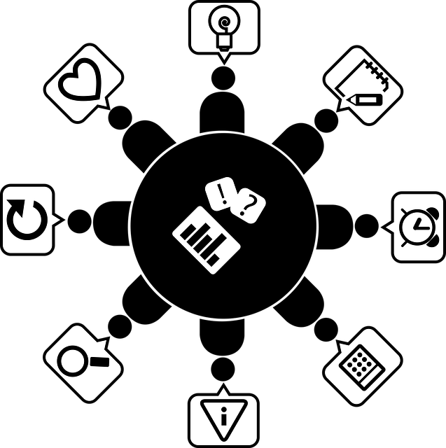 image of a circular table with 7 people seated around it. Each person has an icon over their head representing diversity of thoughts.