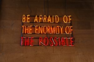 Neon sign on brown wall reading "be afraid of the enormity of the impossible".