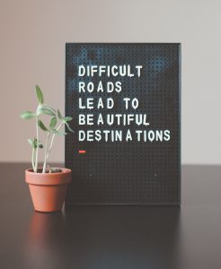 Sign next to potted plant reading "difficult roads lead to beautiful destinations"