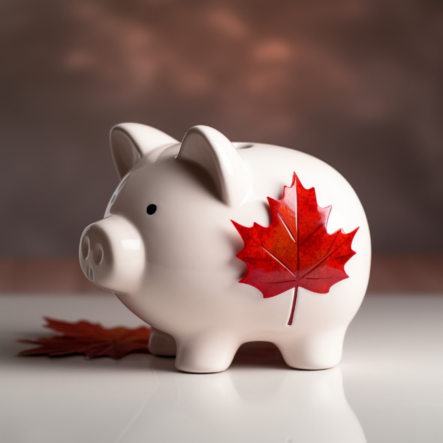 A white piggy bank with a Canadian maple leaf decal on its side