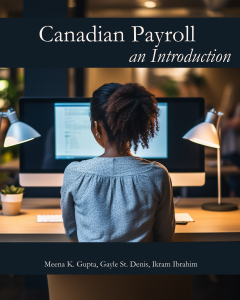 A young woman in a light blue blouse is seated at a computer desk -- she is a payroll professional or business student. Text overlay: Canadian Payroll: an introduction