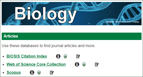 Augustana Biology Subject Guide, showing three databases: BIOSIS, Web of Science, and Scopus