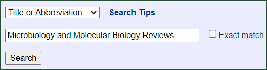 The CAS Source Index search tool with the journal Microbiology and Molecular Biology Reviews pasted into the search box