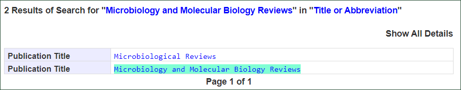 CASSI search results page showing two results: Microbiological Reviews, and Microbiology and Molecular Biology Reviews. The second one is an exact match so it is highlighted.