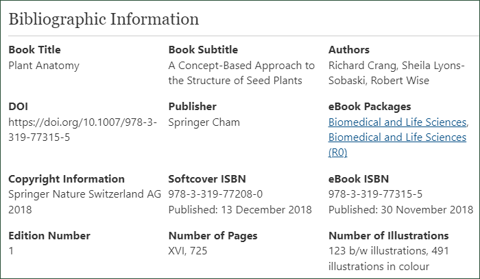 Bibliographic Information for the ebook Plant Anatomy: A Concept-Based Approach to the Structure of Seed Plants, showing citation details including the title, authors, publisher, year of publication, and DOI.