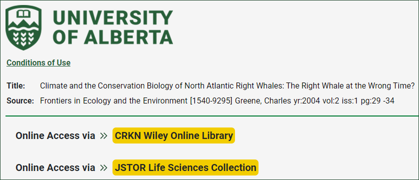 A page showing two different links you can click on to access the journal article you searched for.