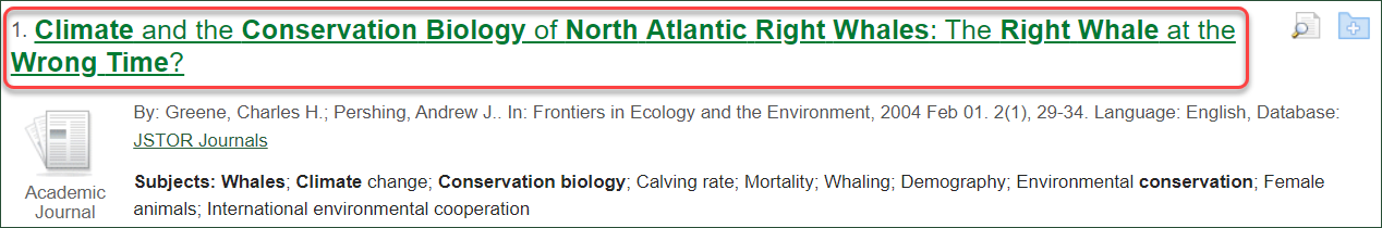 A search result list, with a title circled, indicating you should click on it.