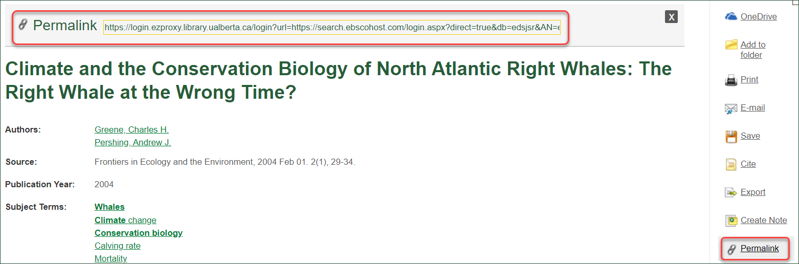 An article record, showing a "Permalink" button on the right side of the page, and the resulting link that appears in the middle of the page.