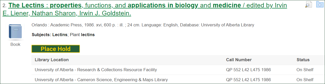 Search results page for a book, showing the Place Hold button above two library locations that have copies of the book.