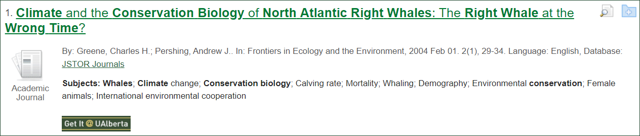 Search result list, showing "Climate Change and the Conservation Biology of North Atlantic Right Whales" at the top of the list