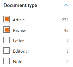 Document Type section of the Refine Results menu in Scopus, showing that Article and Review are both selected