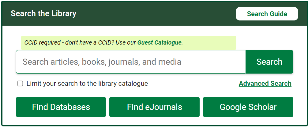 The Search the Library box on the U of A Library website. It includes a search bar for entering key terms or titles, and links to Find Databases, Find eJournals, and Google Scholar.