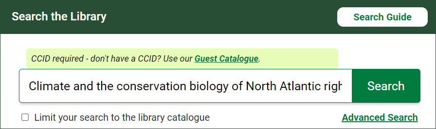 UAlberta Library website showing the Search the Library box, with the title "Climate and the Conservation Biology of North Atlantic Right Whales" pasted into it.