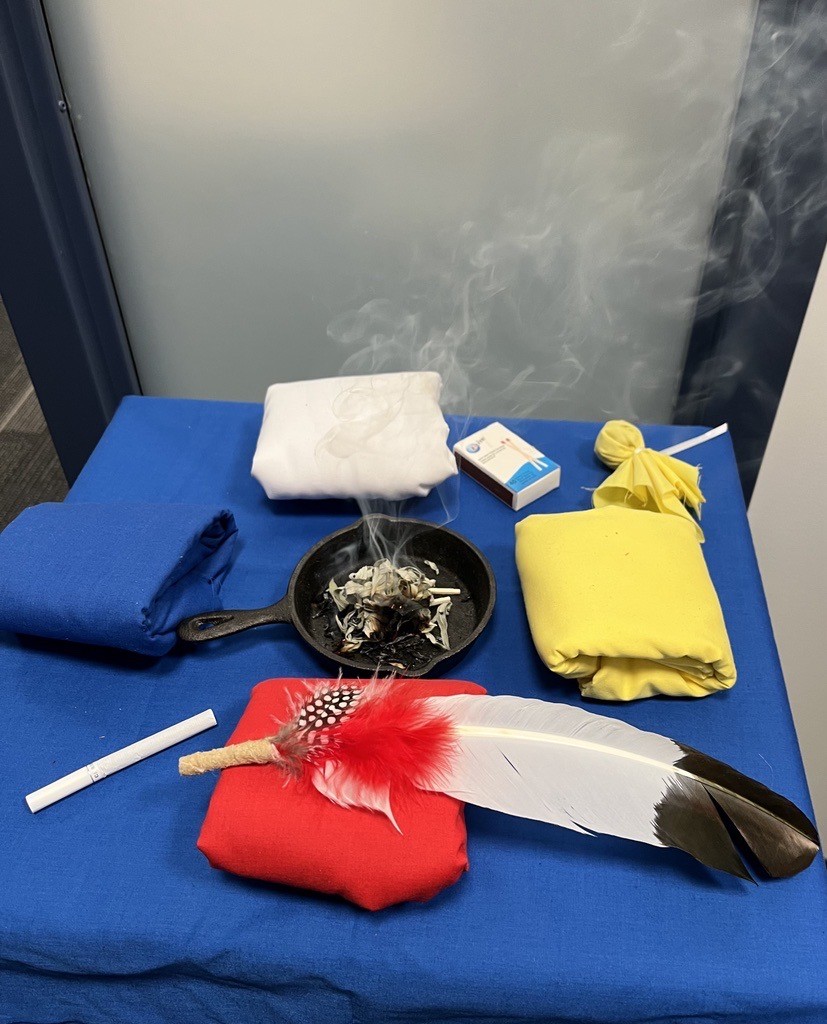 Figure 2 depicts burning sage in a small cast iron pan. The sage is smoking, and the smoke drifts off to the right. Around the sage are squares of cloth in white, yellow, red, and blue. Sitting atop the red cloth is a large feather. A box of matches, a yellow pouch of tobacco, and a cigarette are also visible.