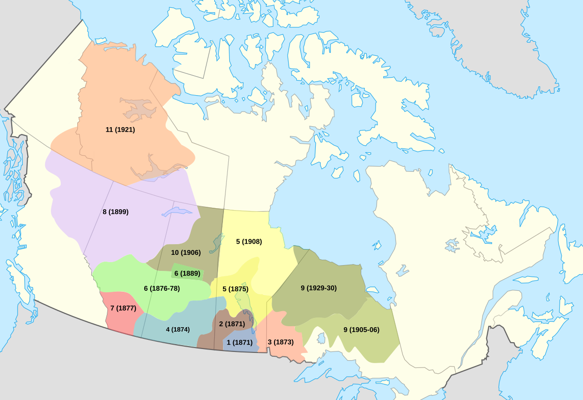 Figure 1 depicts a map of Canada with all 11 treaties in different colours. The treaties are numbered 1 to 11, along with the year they were signed. The treaties cross provincial borders. Alberta is comprised of treaty 8 to the north, treaty 6 in the centre, and treaty 7 to the south. A small section of south west Alberta falls in treaty 4 land. A small section of central west Alberta falls in treaty 10 land.